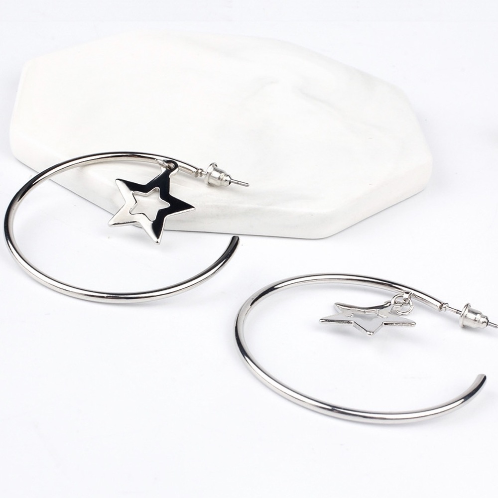 Silver 3/4 Hoops w/Dangling Star Earrings - Picture 2 of 7